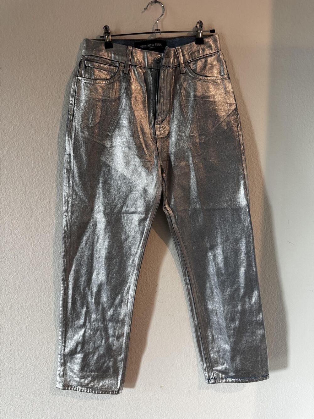 Veronica Beard Dahlia Straight Leg Jeans Silver Metallic Coated Denim Size 27